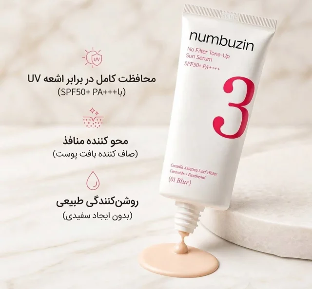 سرم ضد آفتاب نامبوزین شماره 3 SPF50+ | Tone-Up و Blur – روشن‌ کننده و محو کننده منافذ پوست