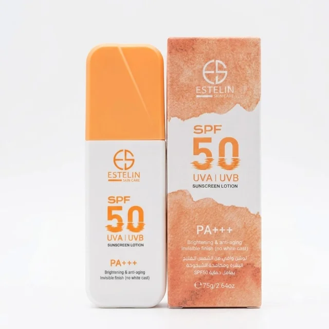 لوسیون ضد آفتاب استلین SPF50 روشن کننده و جوانساز مدل بدون رد سفیدی 75 میل / Estelin